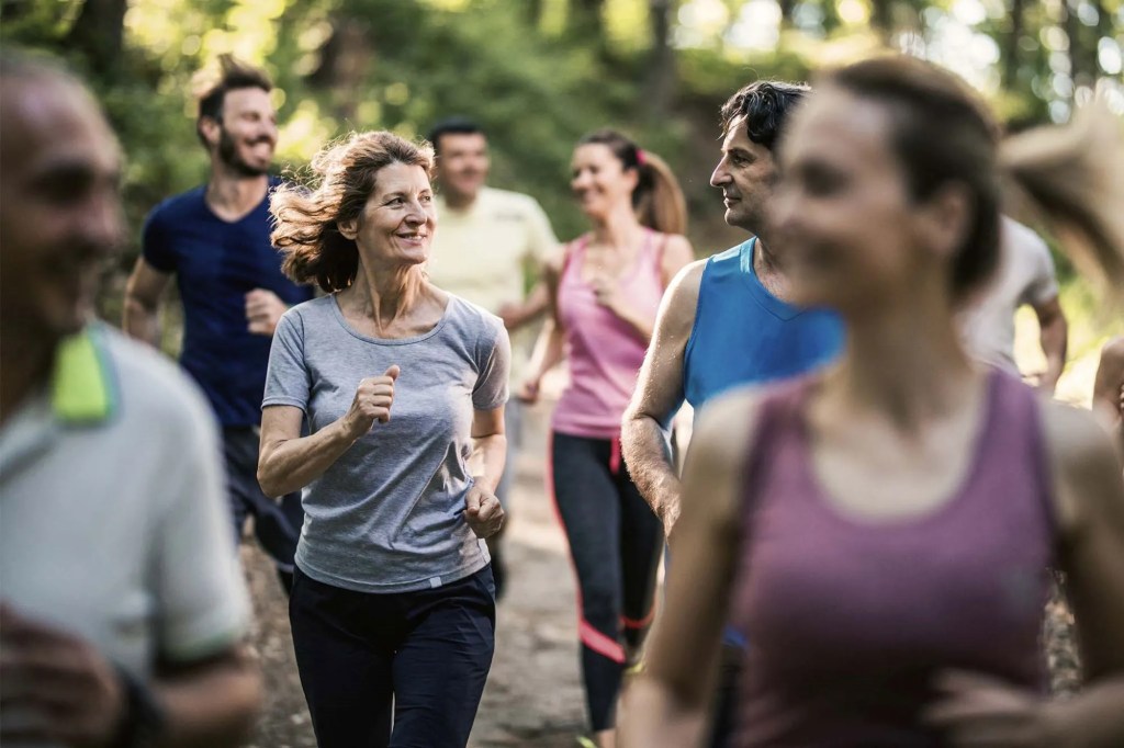 Eine Gruppe von Läufer:innen, die gemeinsam im Wald unterwegs sind.