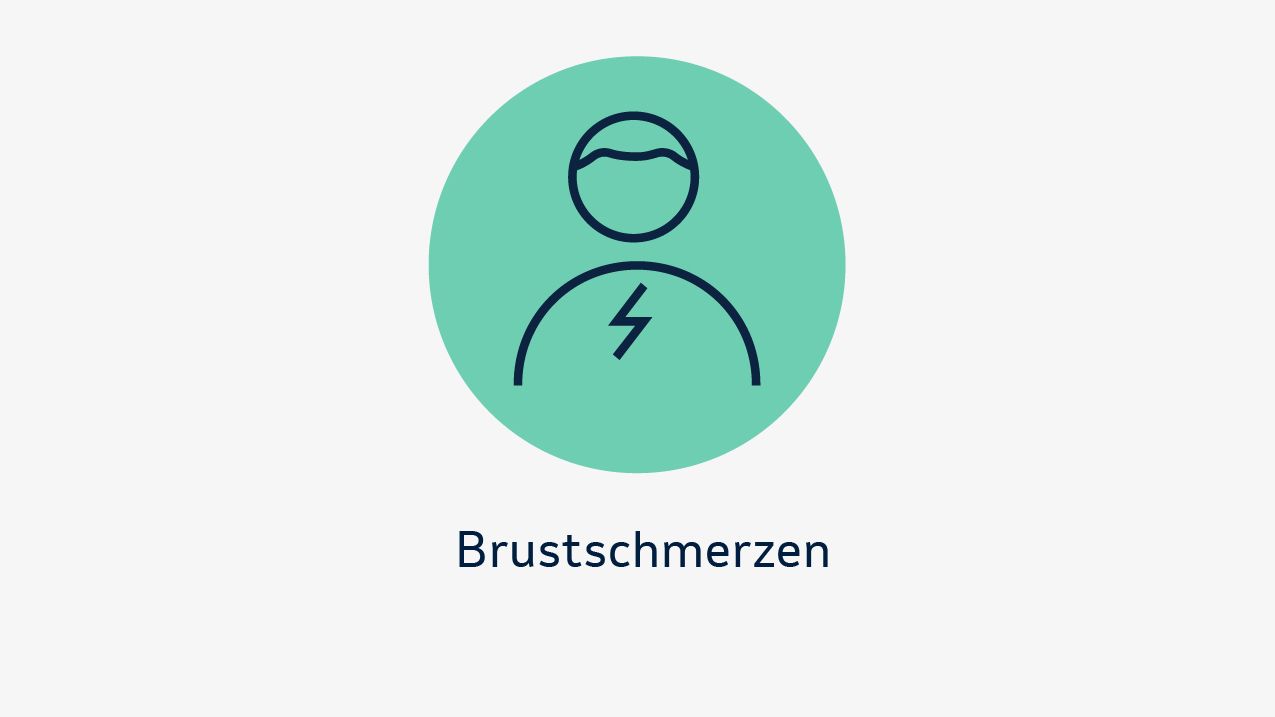 Zu sehen ist eine schematische Darstellung einer Person mit einem Blitz im Brustbereich. Darunter steht das Symptom „Brustschmerzen“.