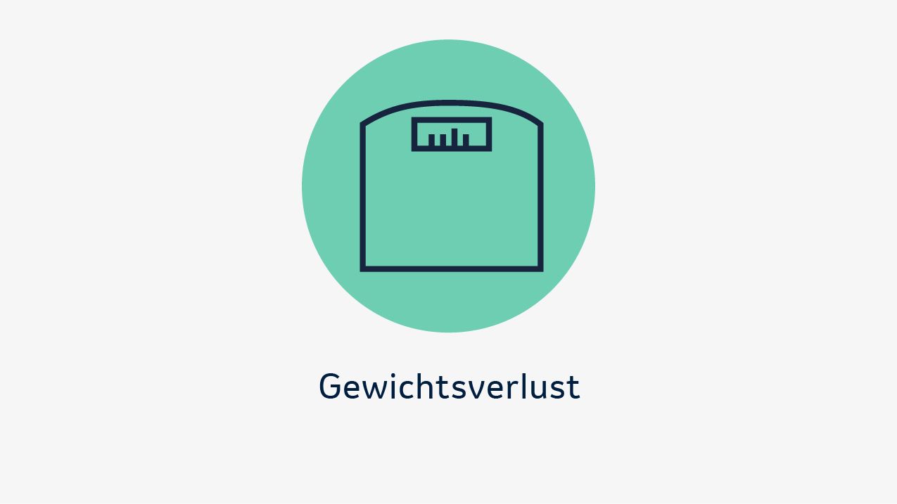 Zu sehen ist eine schematische Darstellung einer Personenwaage. Darunter steht das Symptom „Gewichtsverlust“.