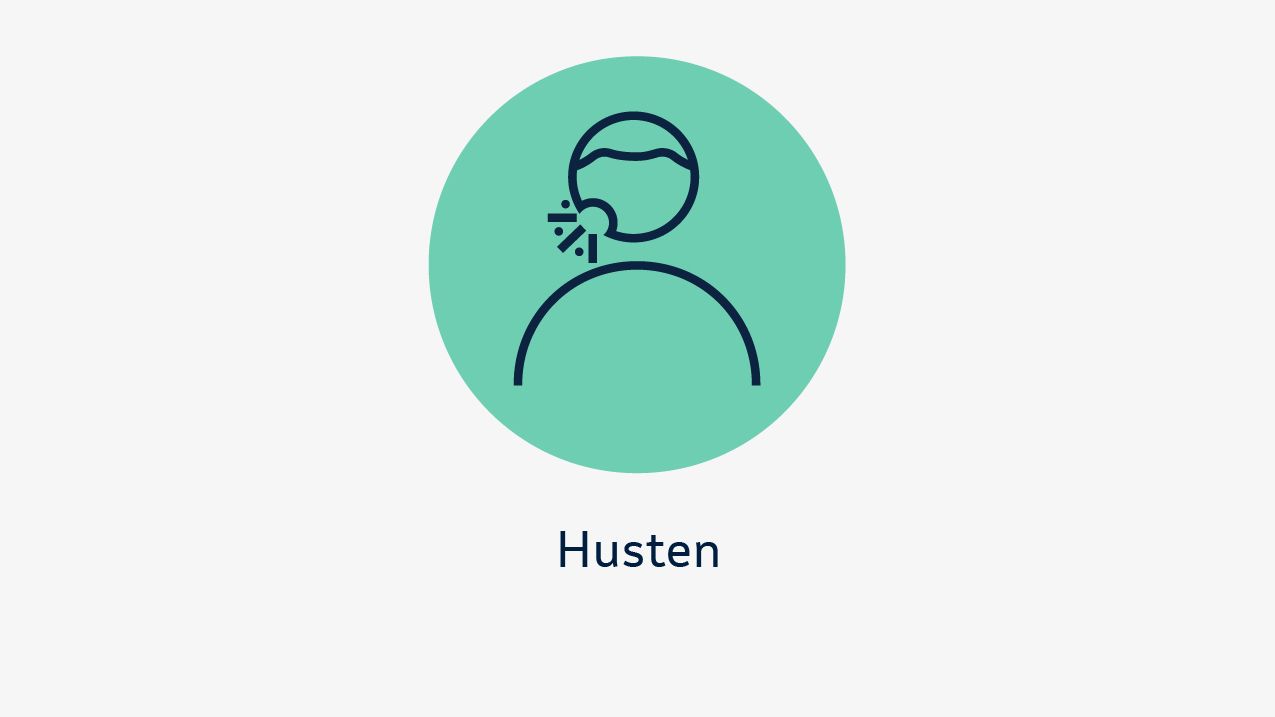 Zu sehen ist eine schematische Darstellung einer hustenden Person. Darunter steht das Symptom „Husten“.