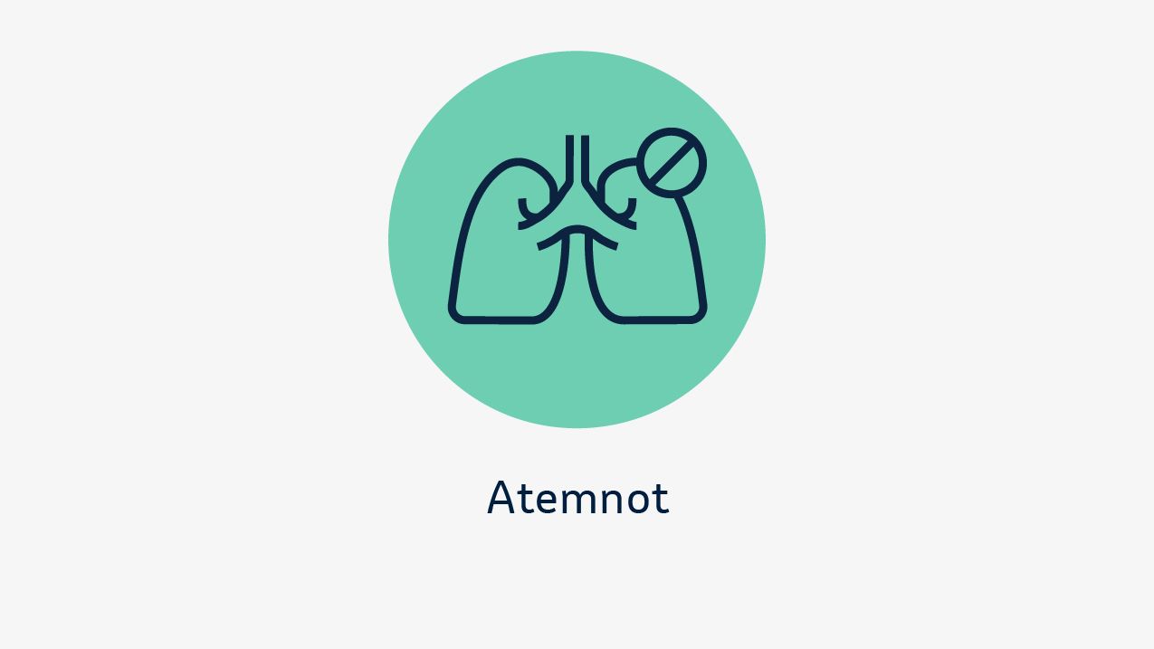 Zu sehen ist eine schematische Darstellung einer Lunge mit einem allgemeinen Verbotszeichen. Darunter steht das Symptom „Atemnot“.