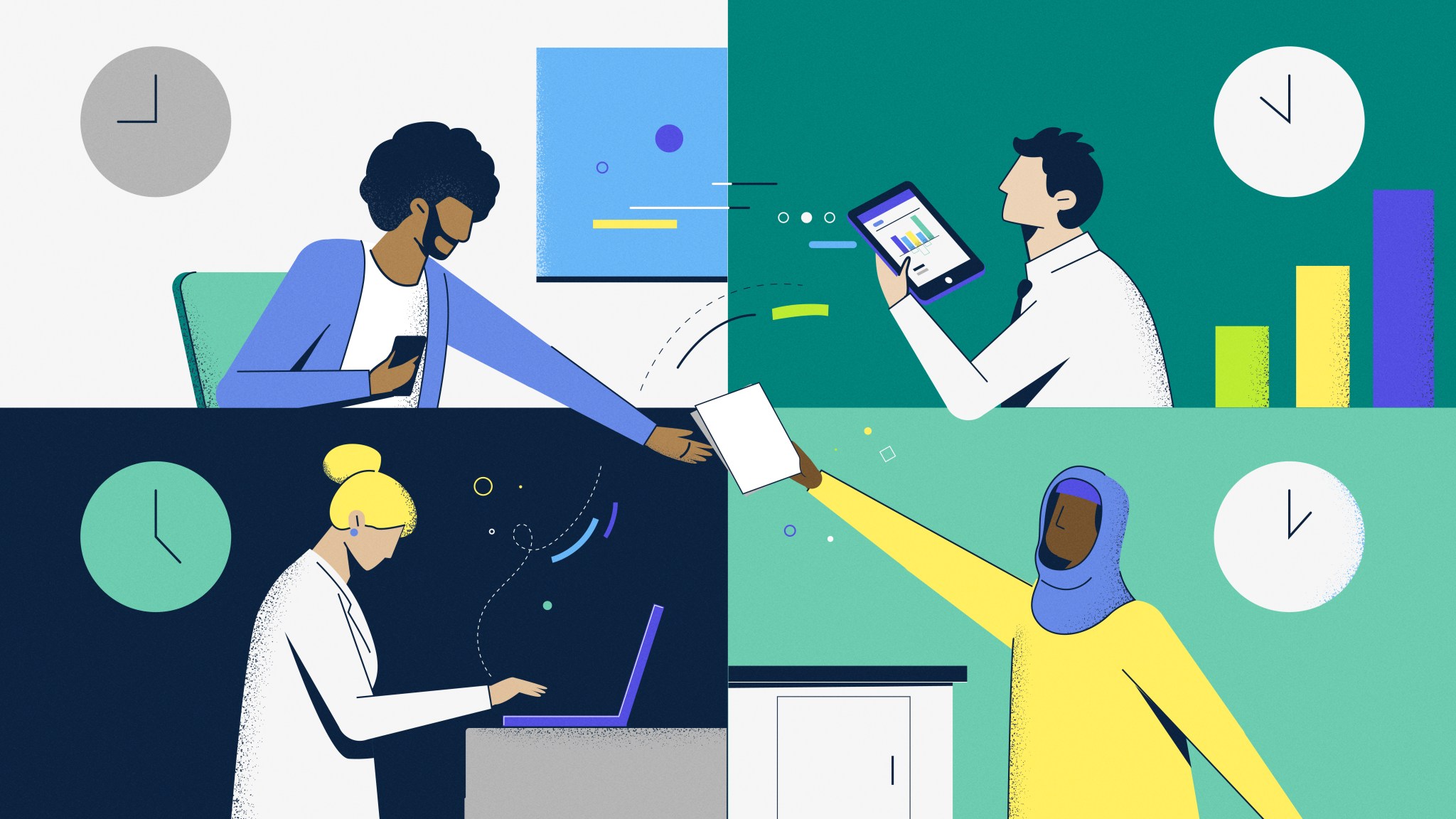 Illustration von 4 Mitarbeitern, die an unterschiedlichen Arbeitsplätzen remote zusammenarbeiten.