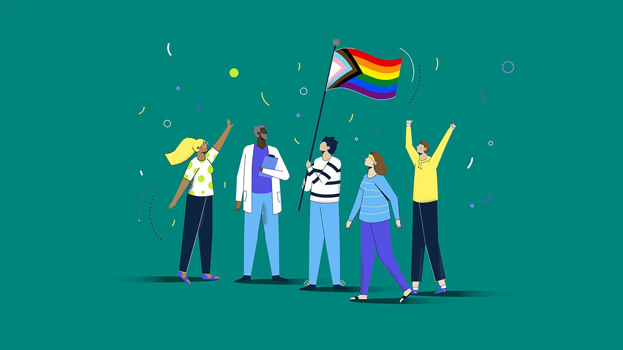 Illustration von 5 Menschen, die zusammenstehen und eine Pride-Flag in der Hand halten.