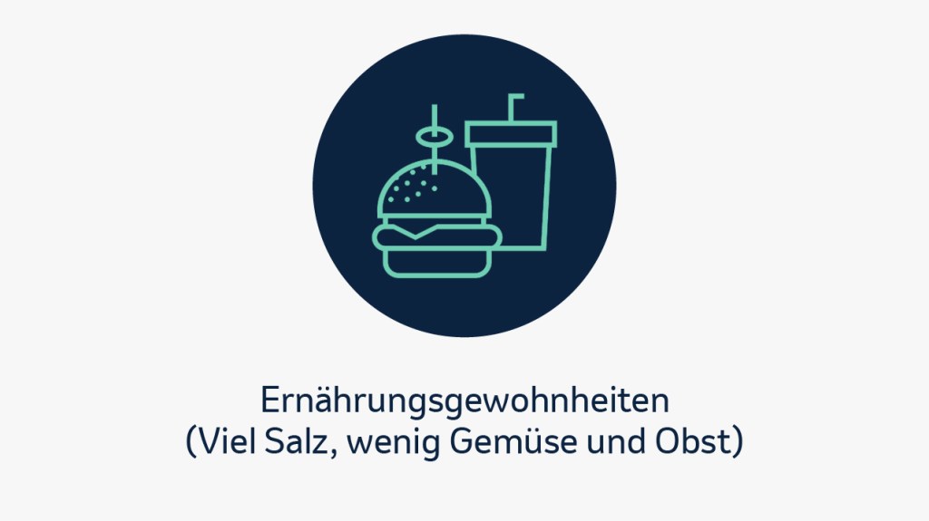 Eine grafische Darstellung mit einem dunklen Kreis, in dem ein Symbol für ungesunde Ernährung zu sehen ist – ein Burger und ein Getränkebecher. Darunter steht der Text „Ernährungsgewohnheiten (Viel Salz, wenig Gemüse und Obst)“.