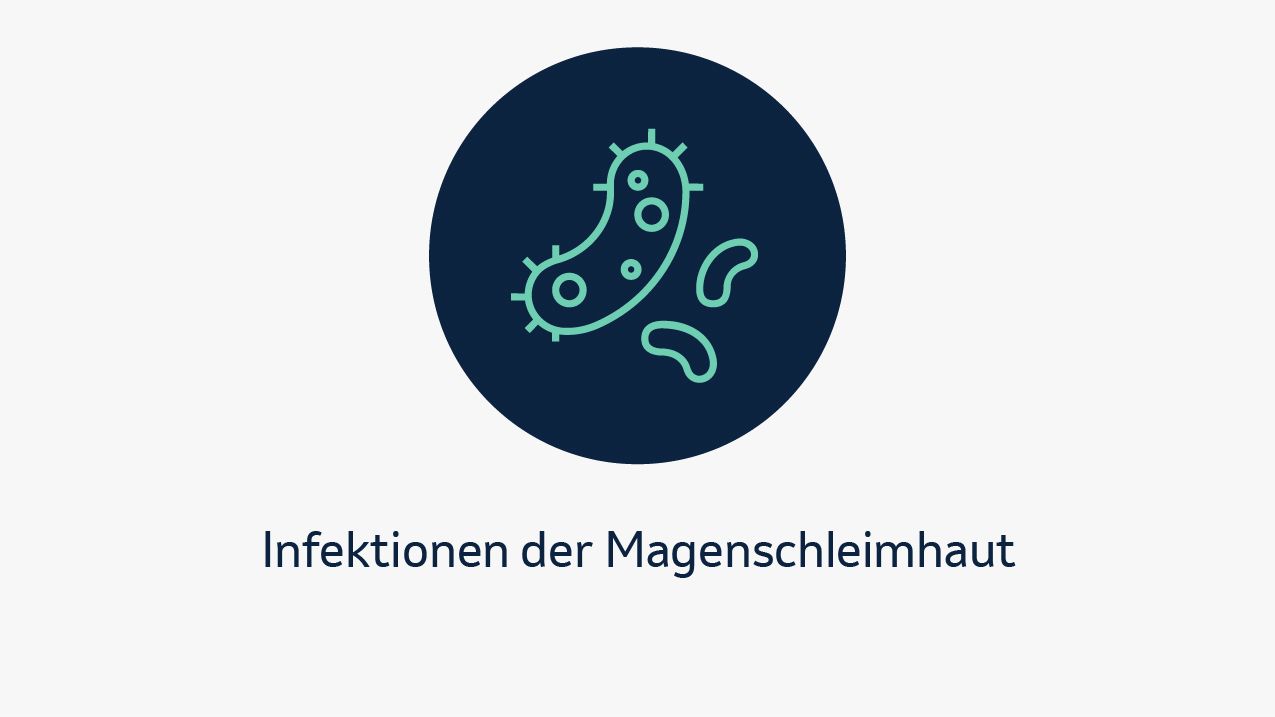 Eine grafische Darstellung eines Bakteriensymbols in einem dunklen Kreis, das Infektionen der Magenschleimhaut als möglichen Risikofaktor für Magenkrebs kennzeichnet. Darunter steht der Text „Infektionen der Magenschleimhaut“.