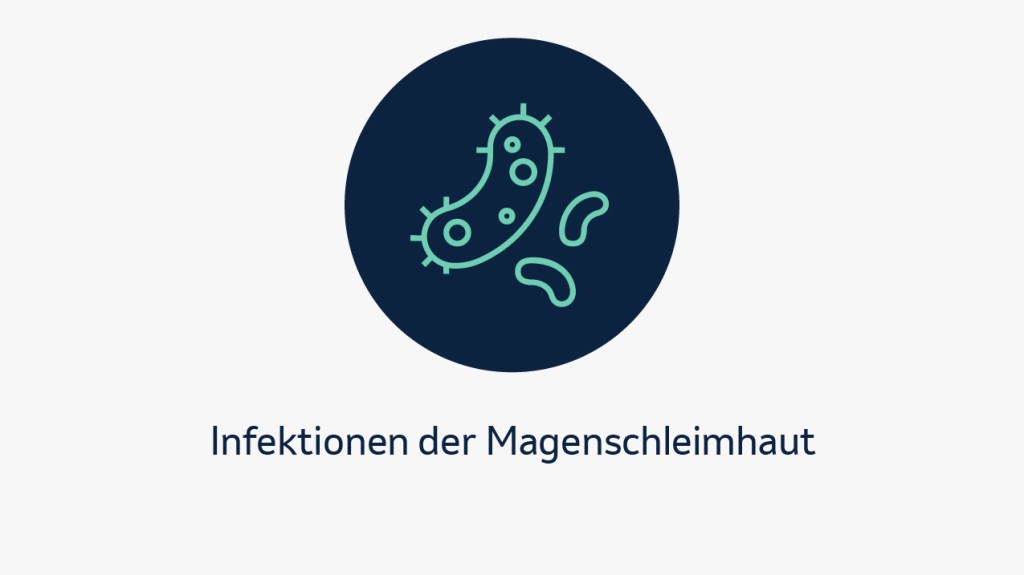Eine grafische Darstellung eines Bakteriensymbols in einem dunklen Kreis, das Infektionen der Magenschleimhaut als möglichen Risikofaktor für Magenkrebs kennzeichnet. Darunter steht der Text „Infektionen der Magenschleimhaut“.