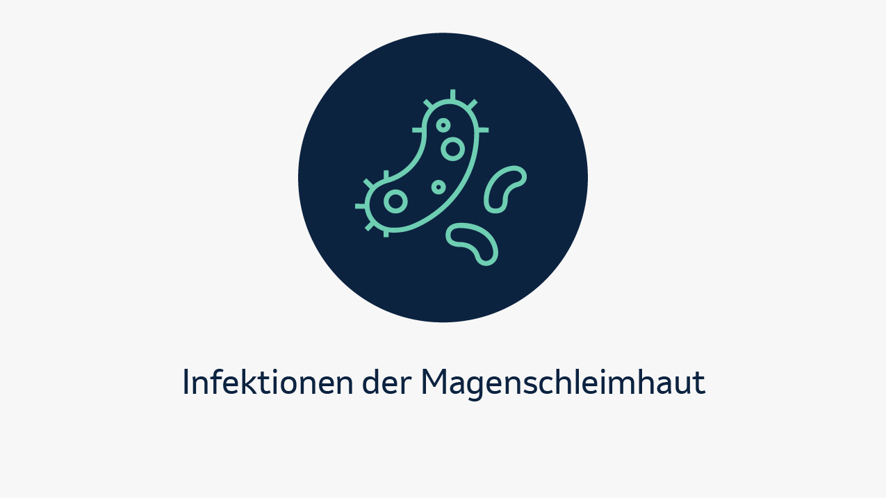 Eine grafische Darstellung eines Bakteriensymbols in einem dunklen Kreis, das Infektionen der Magenschleimhaut als möglichen Risikofaktor für Magenkrebs kennzeichnet. Darunter steht der Text „Infektionen der Magenschleimhaut“.