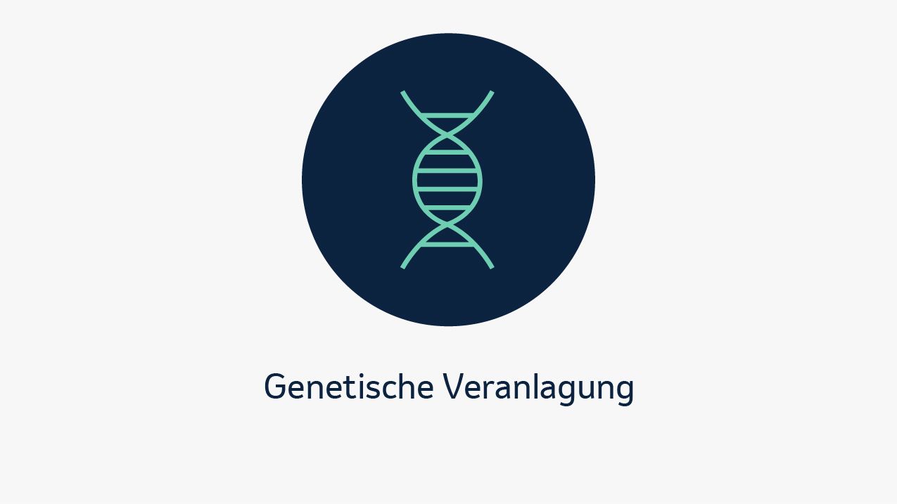 Eine grafische Darstellung mit einem dunklen Kreis, in dem ein DNA-Strang als Symbol für genetische Veranlagung abgebildet ist. Darunter steht der Text „Genetische Veranlagung“.
Mögliche Risikofaktoren, die zur Entstehung eines Magenkarzinoms beitragen können. 