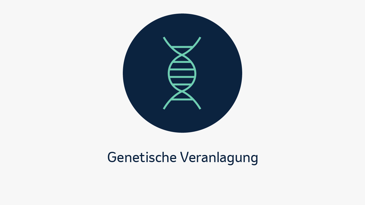 Eine grafische Darstellung mit einem dunklen Kreis, in dem ein DNA-Strang als Symbol für genetische Veranlagung abgebildet ist. Darunter steht der Text „Genetische Veranlagung“.
Mögliche Risikofaktoren, die zur Entstehung eines Magenkarzinoms beitragen können. 