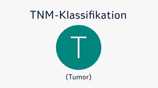 Eine grafische Darstellung der TNM-Klassifikation mit dem Buchstaben „T“ in einem grünen Kreis, der für „Tumor“ steht. Darüber steht der Titel „TNM-Klassifikation“.