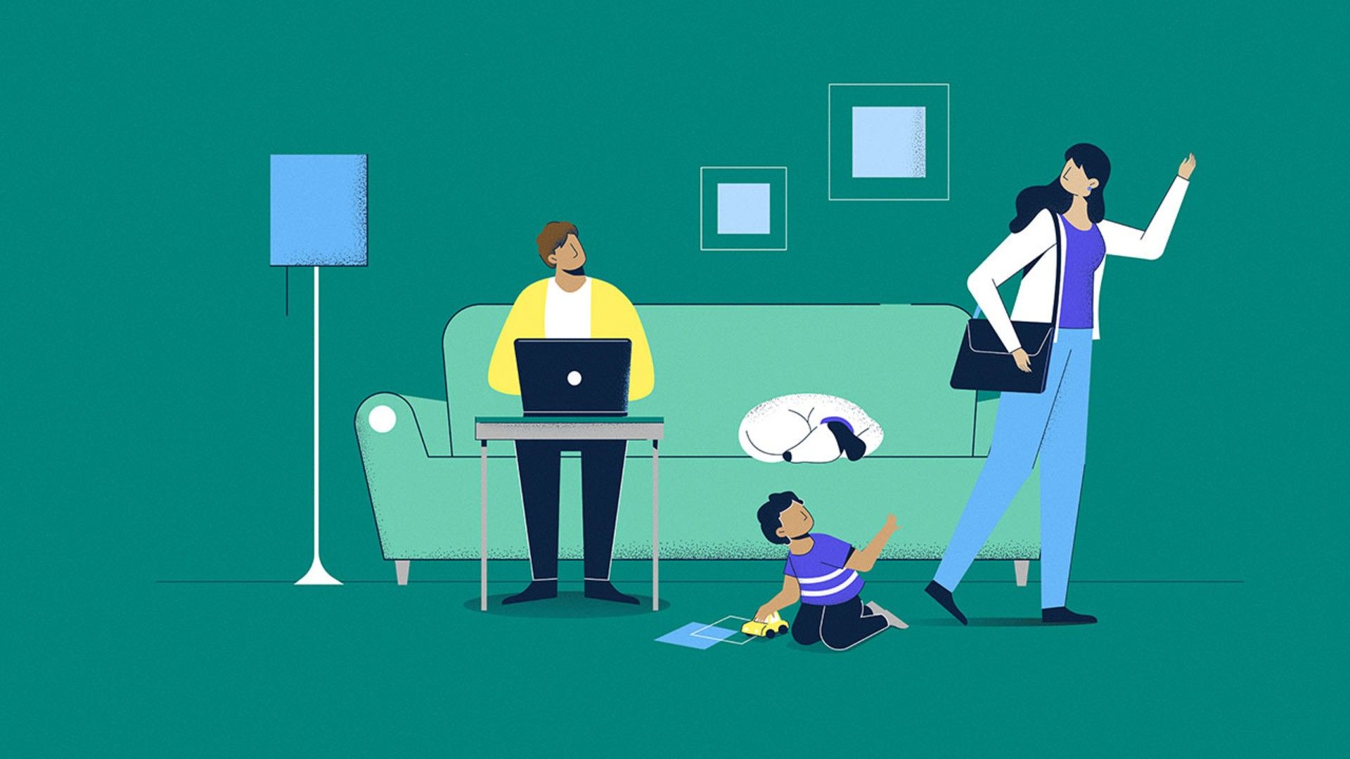 Illustration von einem Mann, einer Frau, einem Kind und einem Hund, die zusammen in einem Raum sind.