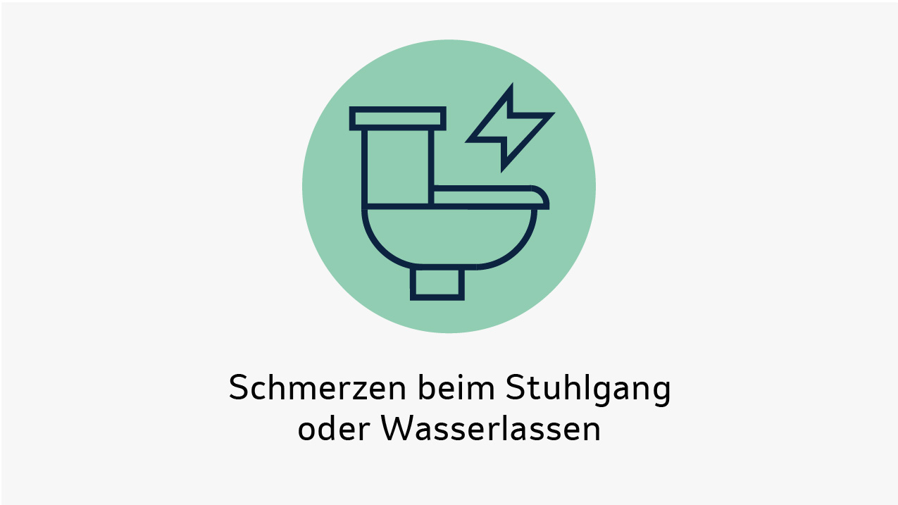Toilettensymbol mit Blitz als Hinweis auf Schmerzen beim Stuhlgang oder Wasserlassen.
