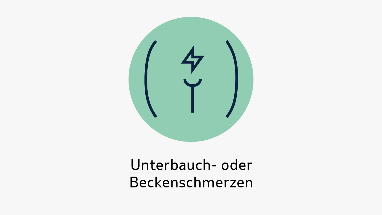 Symbol eines Unterleibs mit Blitzsymbol als Hinweis auf Unterbauch- oder Beckenschmerzen.