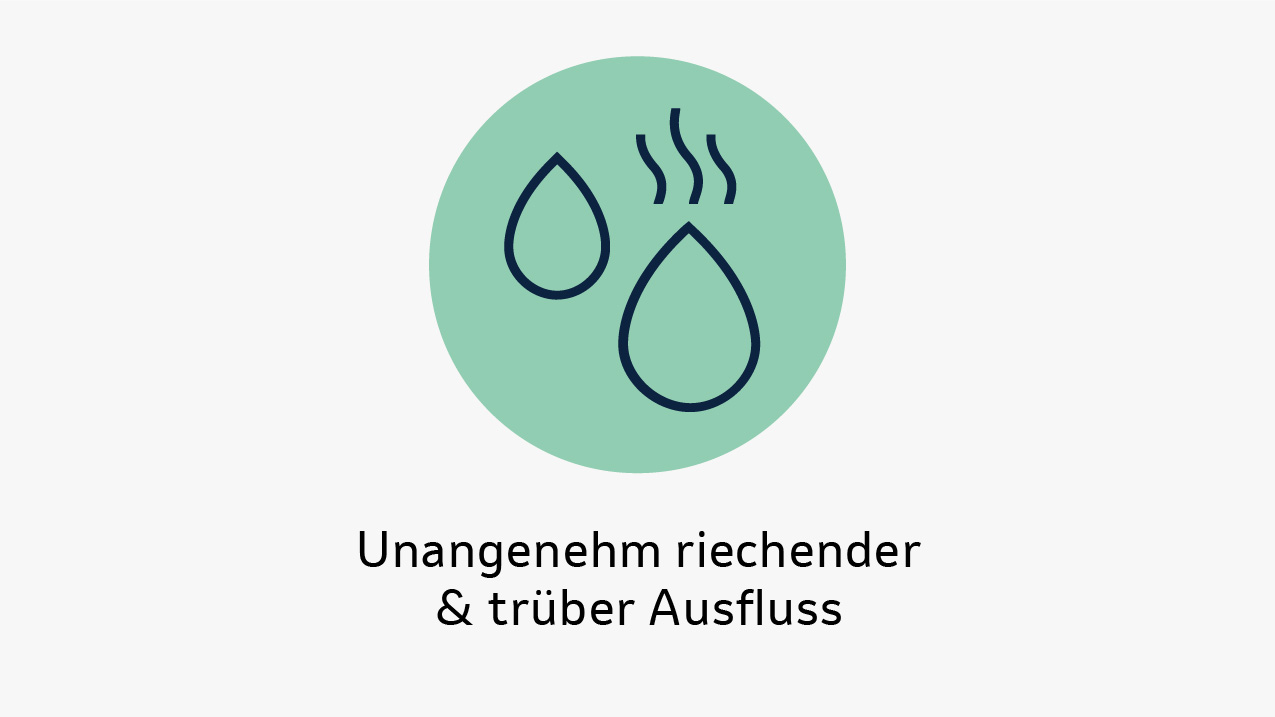 Symbol mit zwei Tropfen, einer davon mit Geruchswellen, als Hinweis auf unangenehm riechenden, trüben Ausfluss.